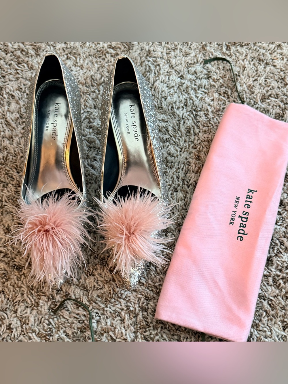 kate spade Silver Glitter Pointed Pumps with Pink Feather Poms - Picture 2 of 8